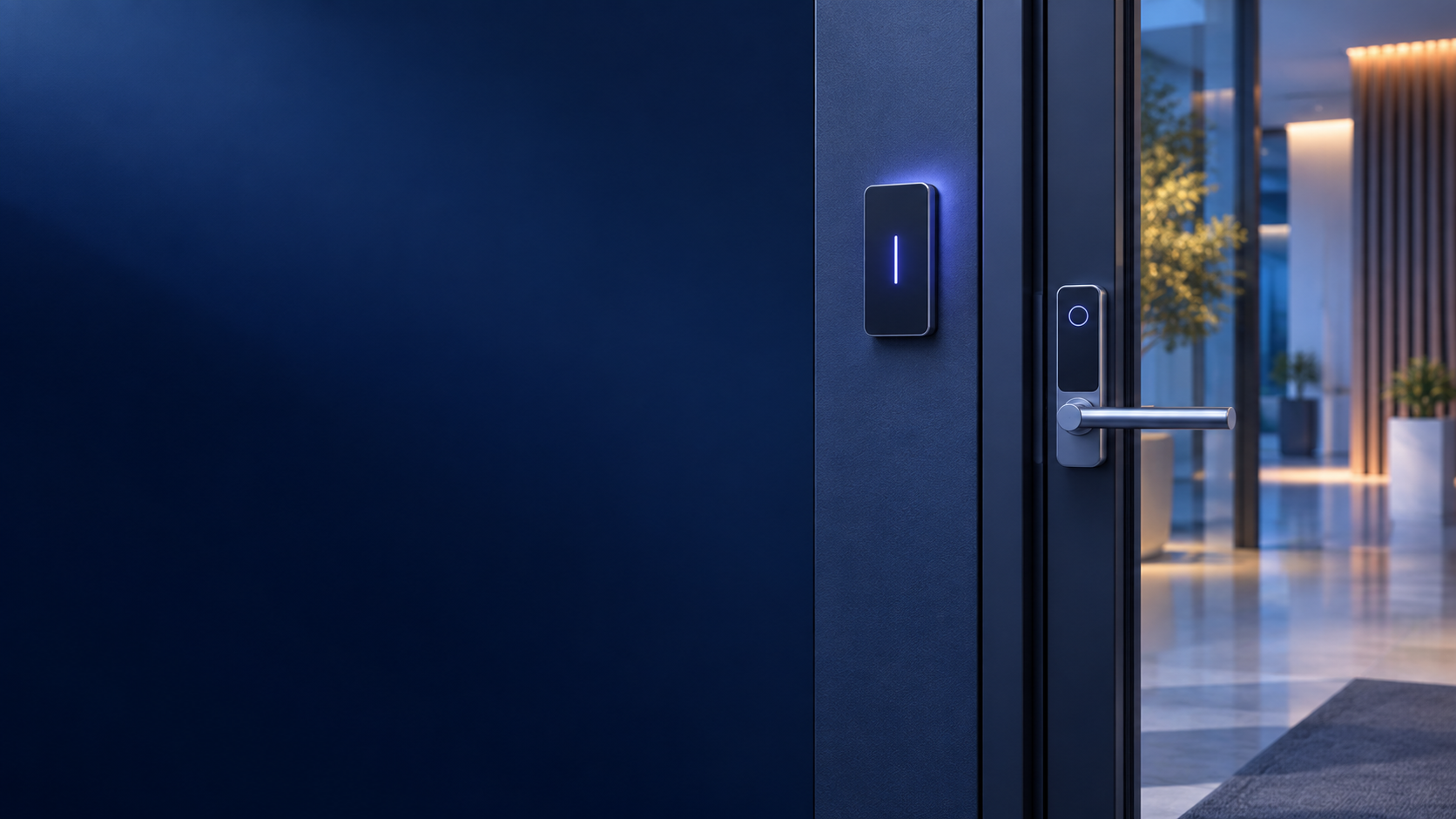 Ilustração de uma porta social com leitor de acesso e fechadura inteligente em contexto de entrada.