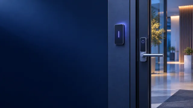 Leitor de acesso e fechadura inteligente em uma entrada.