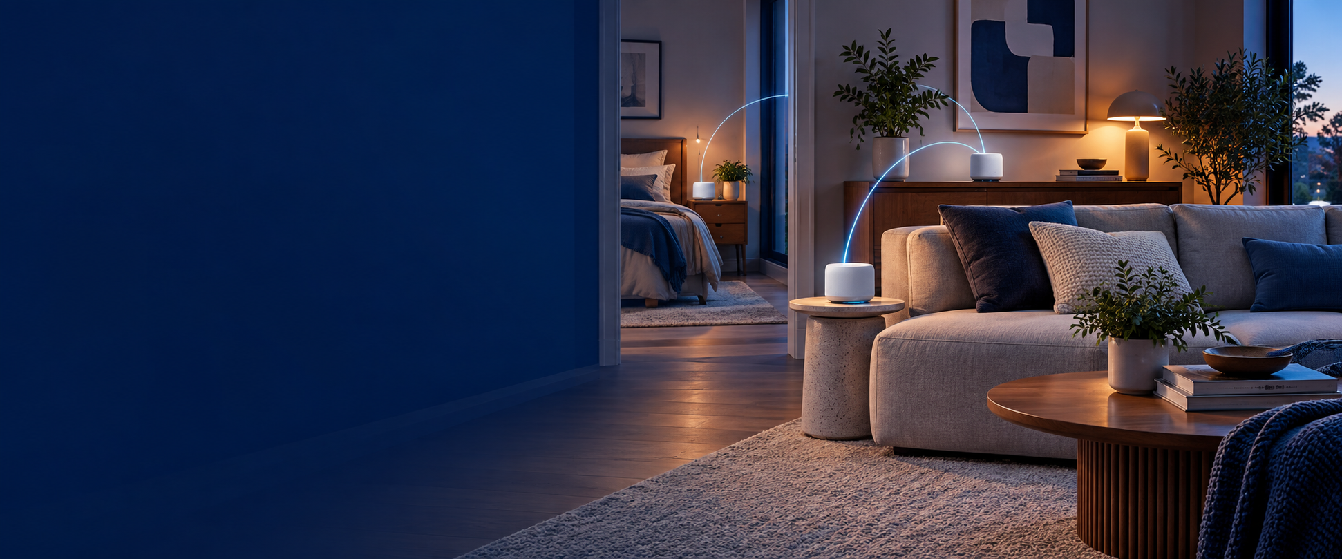 Ilustração de uma casa com pontos de Wi-Fi conectando os ambientes da rotina residencial.